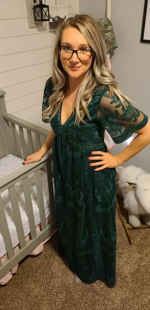 Emerald Green Lace Mesh Overlay Maternity Dress
